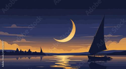 Serene crescent moon illuminates a lone sailboat gliding across a calm, reflective water surface at twilight, with silhouetted coastal town in distance.
