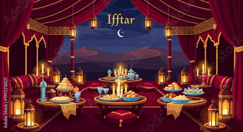 Luxurious Iftar Tent Feast Lavish spread of traditional foods and glowing lanterns under a crescent moonlit desert sky, rich red drapes and ornate decor.