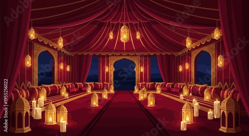 Luxurious Bedouin tent interior with ornate red velvet drapes, golden lanterns, and flickering candles illuminating plush seating arranged for an opulent Arabian Nights feast.
