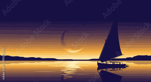 Serene sailboat glides across calm ocean waters at twilight with crescent moon and sunset reflecting vibrantly on the water, tranquil atmosphere.