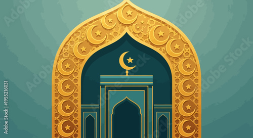 Elaborate Islamic archway with golden crescent moons and stars, featuring a teal mihrab, conveying tradition and spirituality in a festive, decorative style.