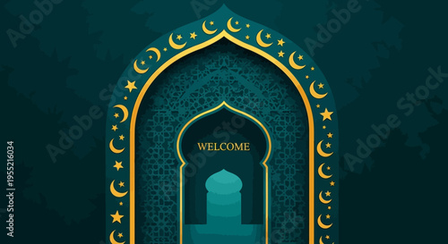 Elegant Islamic archway with crescent moon and star motifs, adorned with intricate geometric patterns, welcoming guests to a serene spiritual sanctuary, in a rich teal and gold palette.