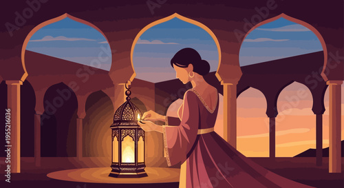 Serene woman in traditional attire ignites ornate lantern within an ancient architectural courtyard, bathed in warm sunset hues, evoking peaceful evening ambiance.
