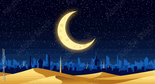 Mystical crescent moon illuminates a vibrant, star-filled night sky over an ancient desert cityscape with golden dunes in the foreground, invoking Islamic and Arabic themes.