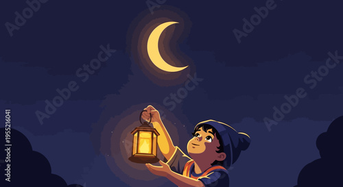 Whimsical child gazes upward at luminous crescent moon holding a glowing lantern, celebrating Ramadan with hope and wonder under a starry night sky, digital art.