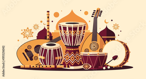 Vibrant Flat Design Composition of Traditional Middle Eastern Musical Instruments and Islamic Architectural Elements, Celebrating Cultural Harmony