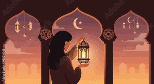 Young woman holding glowing lantern in traditional Arabian archway at dusk with crescent moon and lanterns, digital art style.