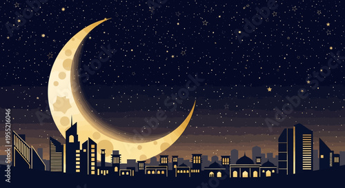 Majestic crescent moon illuminates a modern city skyline at night, casting a warm glow on buildings, with a starry sky, creating a serene and mystical atmosphere.
