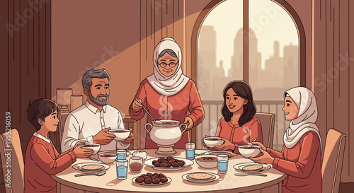 Multigenerational Muslim family joyfully sharing a steaming, delicious, home-cooked meal around a decorated dining table, embodying warmth and togetherness in a cozy, artistically rendered i