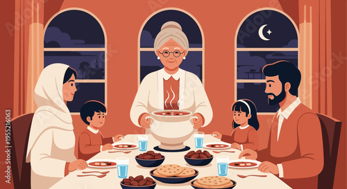 Generous grandmother serves steaming hot traditional food to family gathered around a festive dinner table at night under a crescent moon, warm atmosphere, cozy home, communal gathering, cul