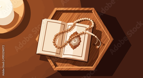 Serene Islamic scene featuring an open Quran and prayer beads on a hexagonal wooden tray, bathed in warm ambient light, evoking peace and contemplation.