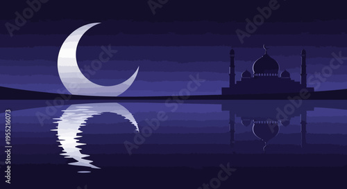 Ethereal crescent moon illuminates a silhouetted mosque reflected on calm water under a deep twilight sky, evoking spiritual tranquility and Islamic tradition.