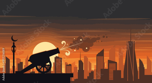 Historic cannon firing a celebratory burst of smoke against a silhouetted modern cityscape at sunset, digital art, vibrant orange hues, dramatic evening sky.
