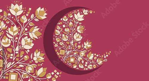 Elegant maroon and gold floral crescent moon motif with intricate botanical details and decorative patterns on a deep crimson background, celebrating nature's beauty and celestial wonder in 