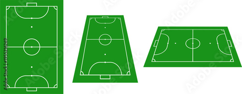 Minimalist futsal court vector set with top and perspective views. Clean line indoor soccer field illustration isolated on green background, perfect for sports design and templates.