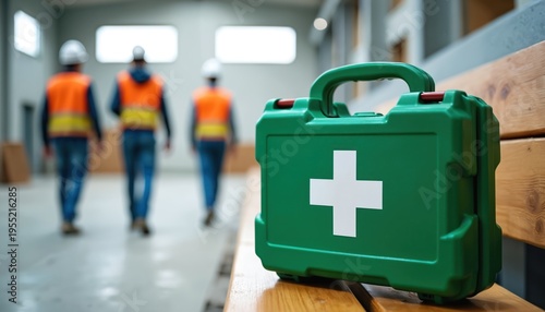 Green first aid box with white cross on bench. Construction workers in orange vests and helmets walk in background. Safety and medical emergency kit for urgent aid at worksite.