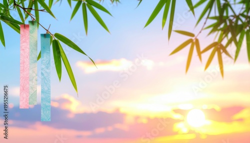 夕焼け空と笹に揺れる七夕の短冊（背景・余白あり）