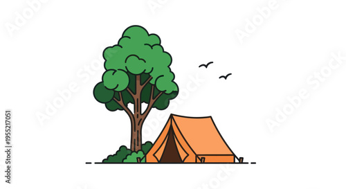 Orange tent with green tree nearby.
