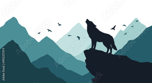 Silhouette of a howling wolf standing.