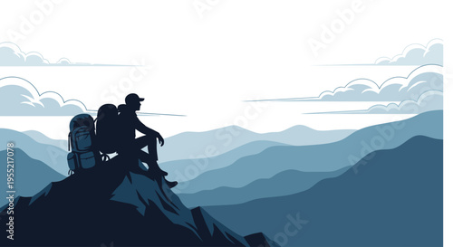 Man sitting on mountain with backpack.