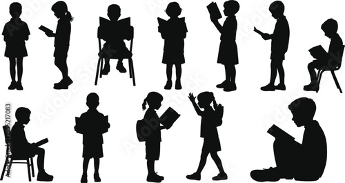 Diverse Silhouettes of Children Reading Books in Different Poses and Attire kids