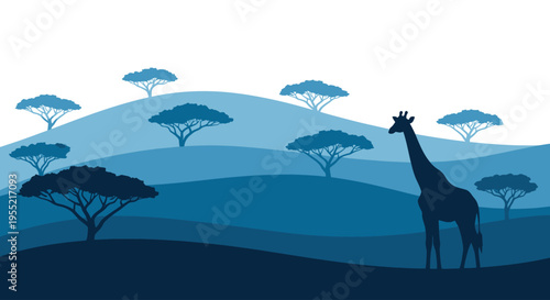 Giraffe standing in savannah landscape profile.