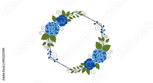 Blue flowers in a floral wreath.
