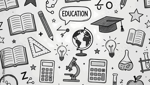 Education-themed illustrations of school supplies and symbols on a patterned background