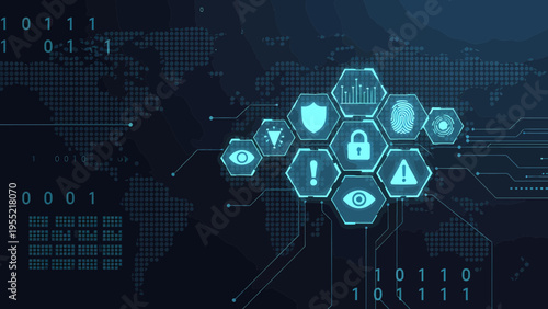 A dramatic neon illustration of a vertical oval shape with security icons floating on a digital circuit board background