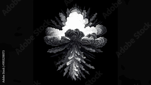 Black and white illustration of a blooming flower with leaves and smoke on dark background