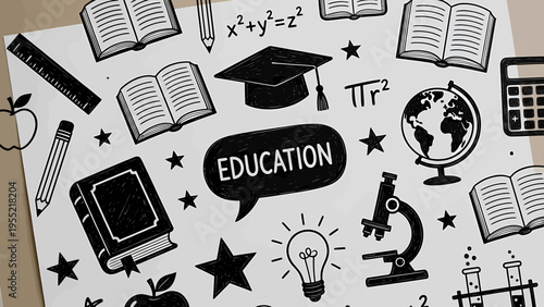 An educational illustration of various academic objects and symbols on a sheet