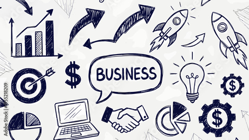 A vibrant illustration showcases various business icons and symbols on a white background.