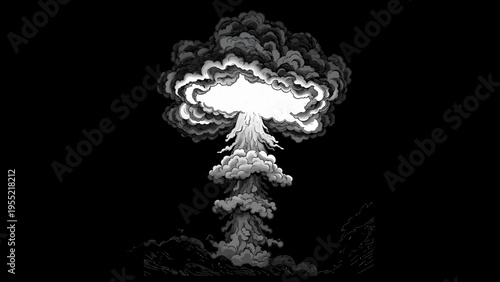A dramatic monochrome illustration of a large explosion occurring in a dark environment with smoke and a mushroom cloud.
