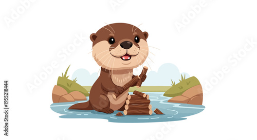 Playful cartoon otter relaxing on a rock by the water enjoying a snack.