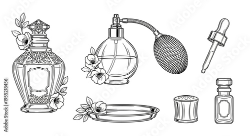 Set of vintage laboratory glassware and perfume bottles illustrated in fine line art.