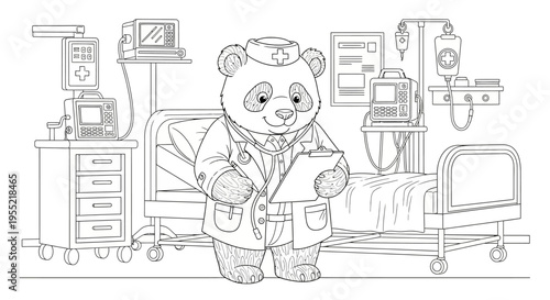 Panda Doctor in a Hospital Ward Checks Charts with Medical Equipment Around.