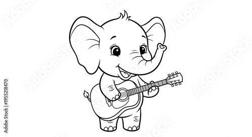 Cute cartoon elephant playing guitar in a cheerful pose for kids.