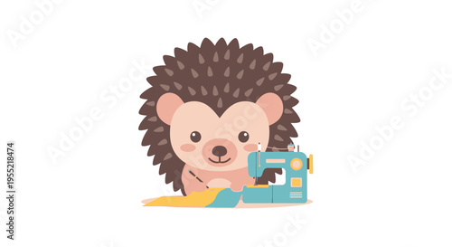 Whimsical hedgehog sewing at a tiny sewing machine in a cute illustrated hobby scene.