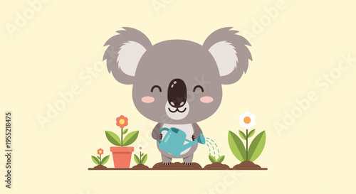 Cute cartoon koala tending potted plants in a cheerful garden scene.
