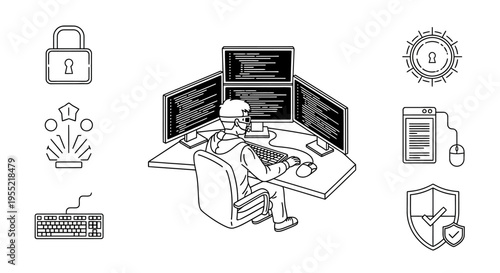 Focused professional working at a multi-monitor workstation in a modern technology and coding setup.