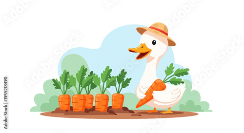 Cartoon Rabbit Gardener Tending Carrot Plants in a Sunny Garden.