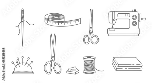 A collection of hand sewing tools and sewing related icons illustrated in line art for crafting and design.