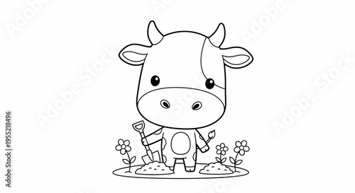 Cute Cartoon Cow Standing in a Flowered Meadow Illustration.