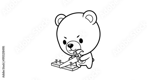 Adorable cartoon bear drawing a notebook with a pencil in a simple illustration.