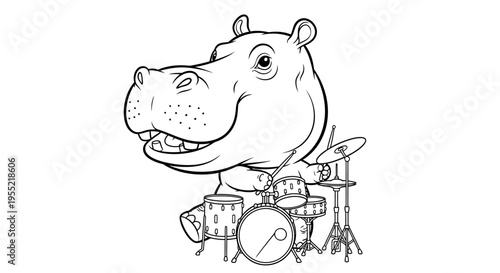 Playful Hippo Drummer Cartoon Performing with Drum Kit and Percussion.