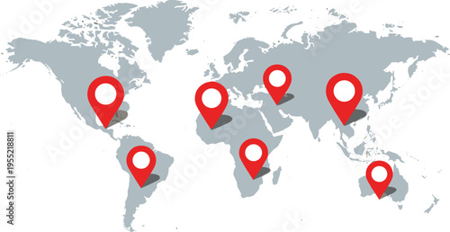 World map with red location pins indicating global points of interest across continents on grey background vector