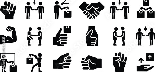 Collection of black icons representing business and human interaction on white background symbol