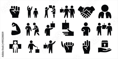 Collection of Black Silhouette Icons Representing Human Actions and Symbols fist raised fist