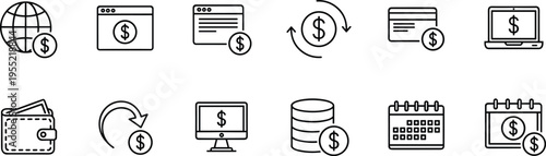 Set of ten payment and finance line icons including wallet money transfer credit card and online banking art