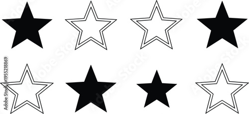 Star shapes variety including solid and double outline designs in black for rating and award visual assets
